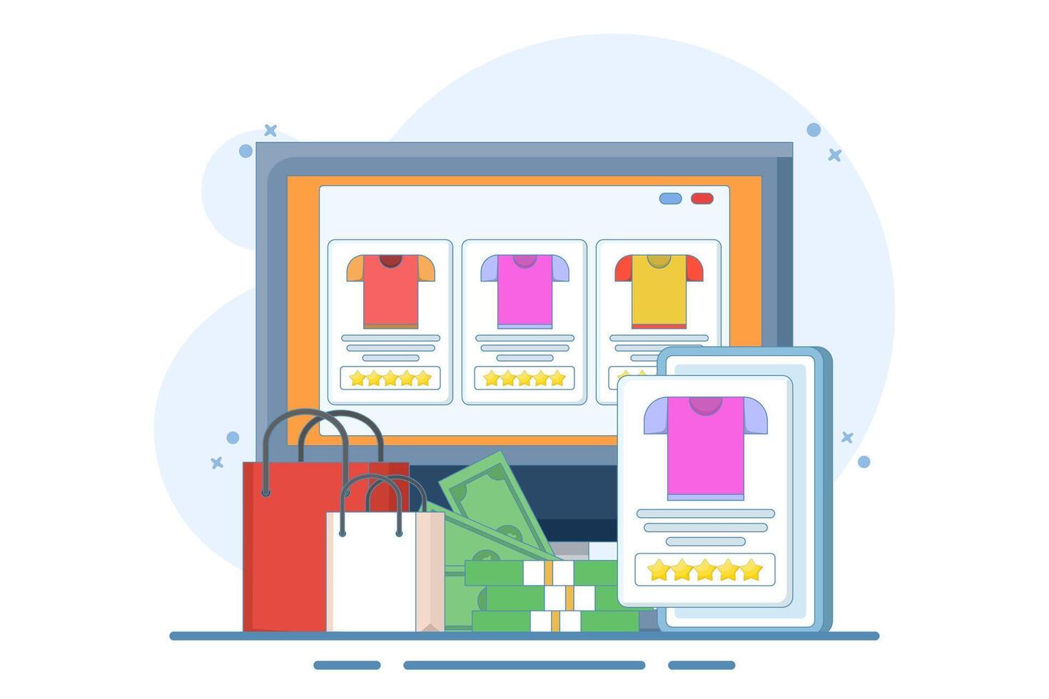 E-commerce business platform concept, e-commerce SEO strategy, online store promotion. Online shopping, e-commerce platform, digital marketing. illustration with icons on background. vector