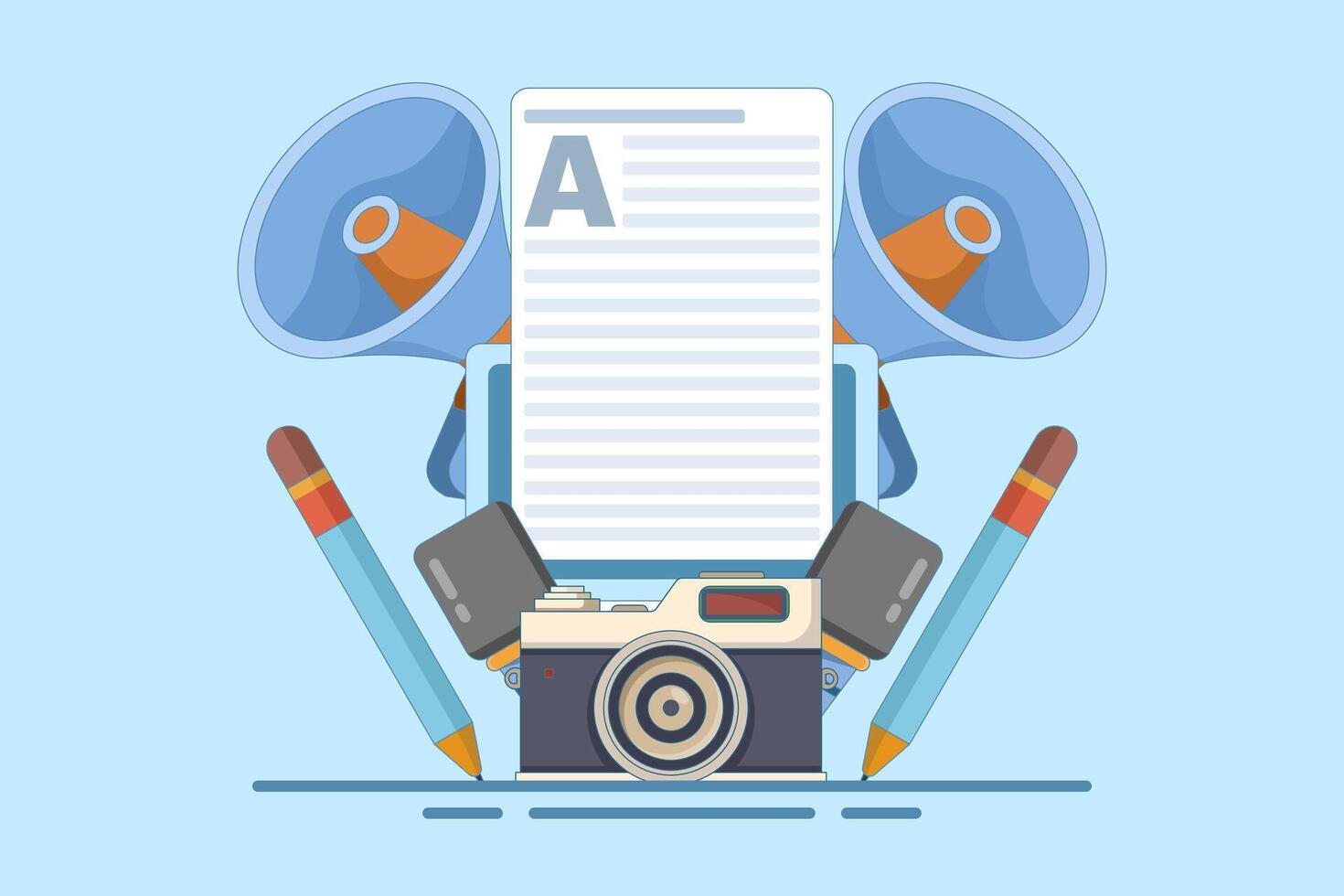 Journalist concept. Mass media news. Journalist with microphone writing article in newspaper or magazine on laptop. TV, internet and radio journalism. Flat illustration. vector