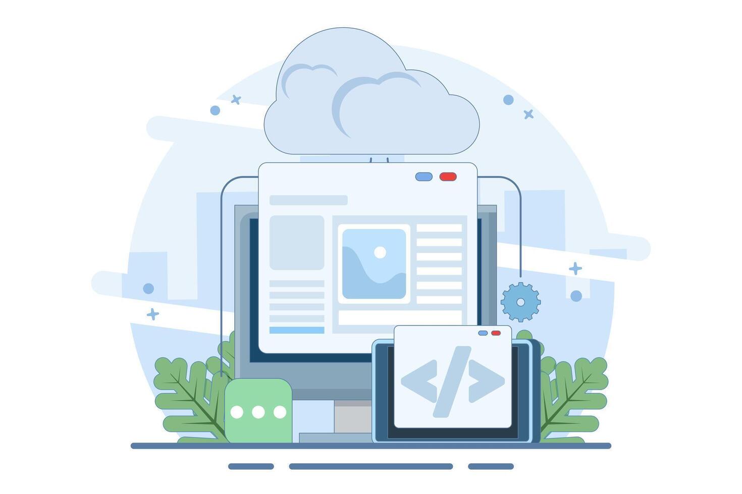 Cloud based web hosting concept, Website hosted on cloud server, File upload technology, backup on cloud server storage. Cloud hosting for web and apps, Flat design illustration. vector