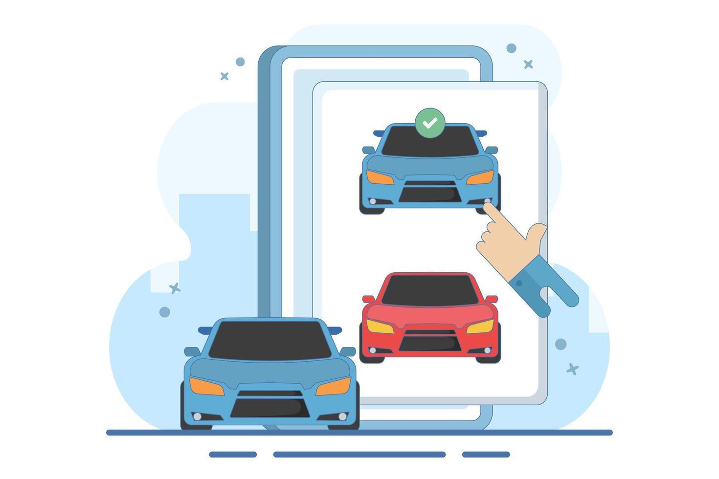 Concept of online car buying website or car rental shop comparison website via internet by choosing car on digital tablet computer, buy and sell web store. Flat illustration on background. vector
