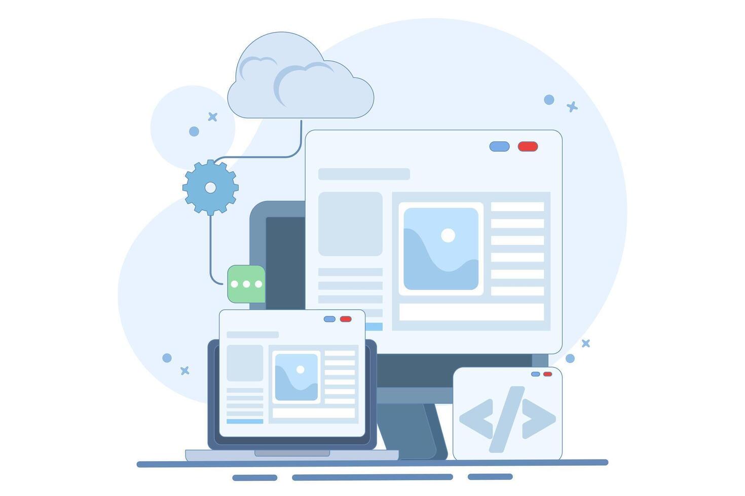 Cloud based web hosting concept, Website hosted on cloud server, File upload technology, backup on cloud server storage. Cloud hosting for web and apps, Flat design illustration on background. vector