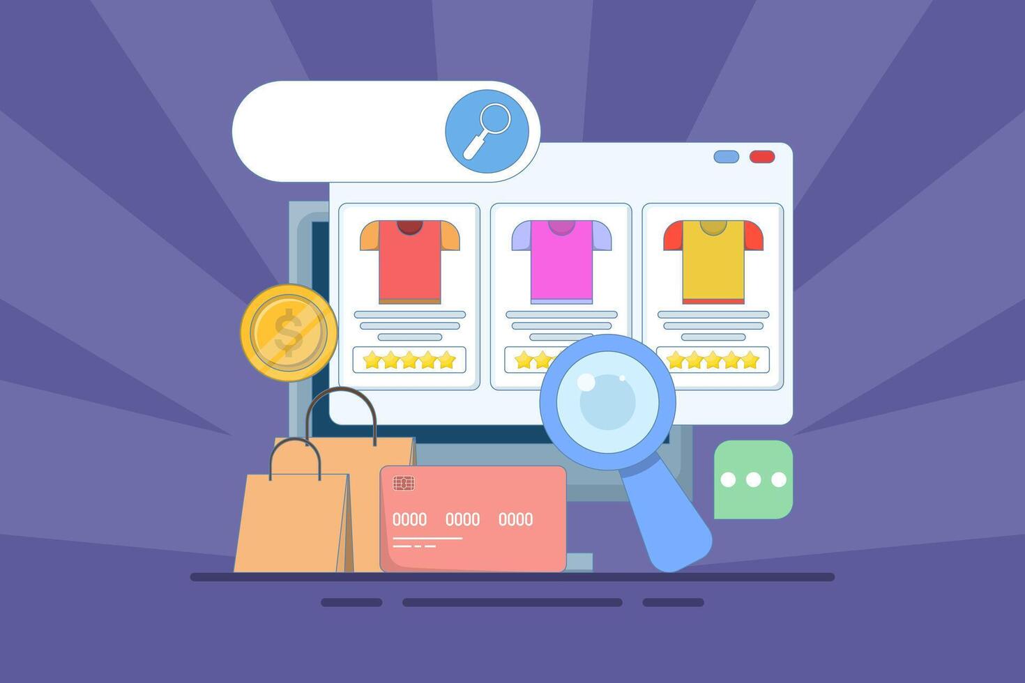 E-commerce SEO concept, products added to search engine results page, Online shopping, internet e-commerce web store, search products online, business e-commerce SEO concept. illustration. vector