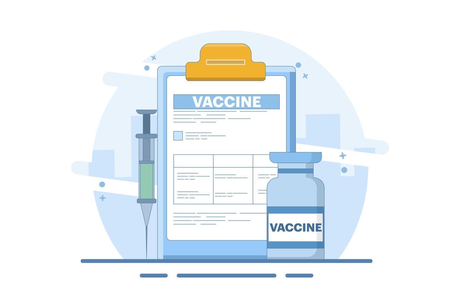 global vaccination preparation concept against the virus. Vaccine ready for clinical trials. Immunization campaign concept. Flat cartoon illustration with icons. vector