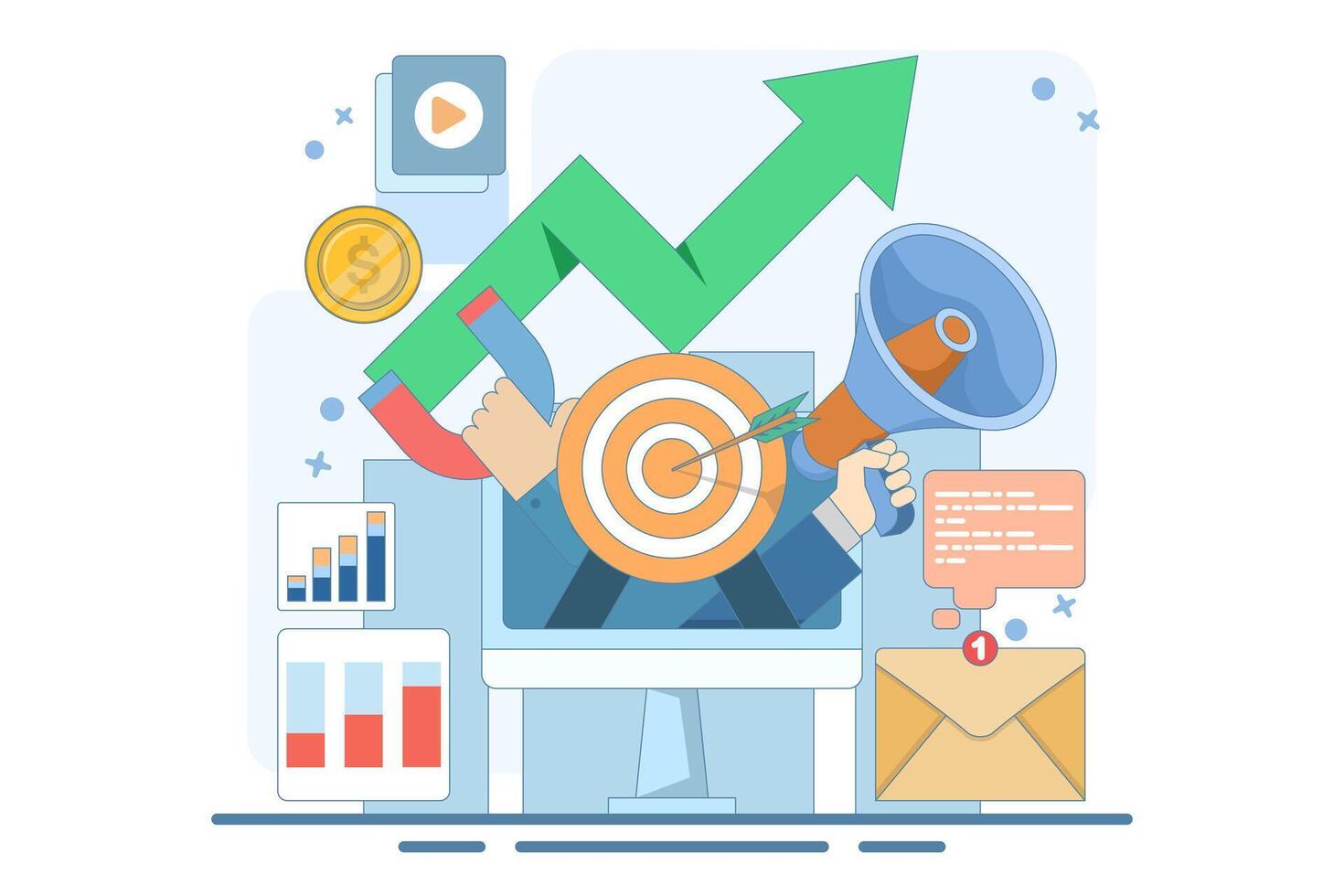 Online digital marketing concept, Online advertising and promotion campaigns in mobile applications, advertising content on social networks. Website illustration with flat design. vector