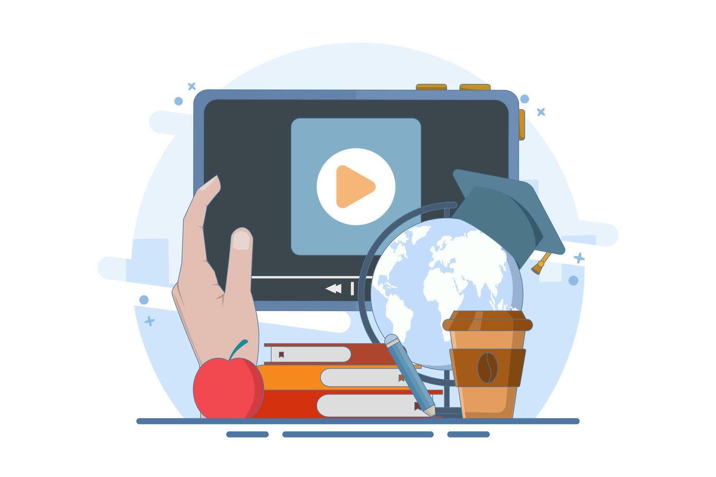 Online education concept, Home education. College homework. Study at home with computer. PC computer with world map, graduation cap, lamp, apple on isolated background, Digital marketing illustration. vector