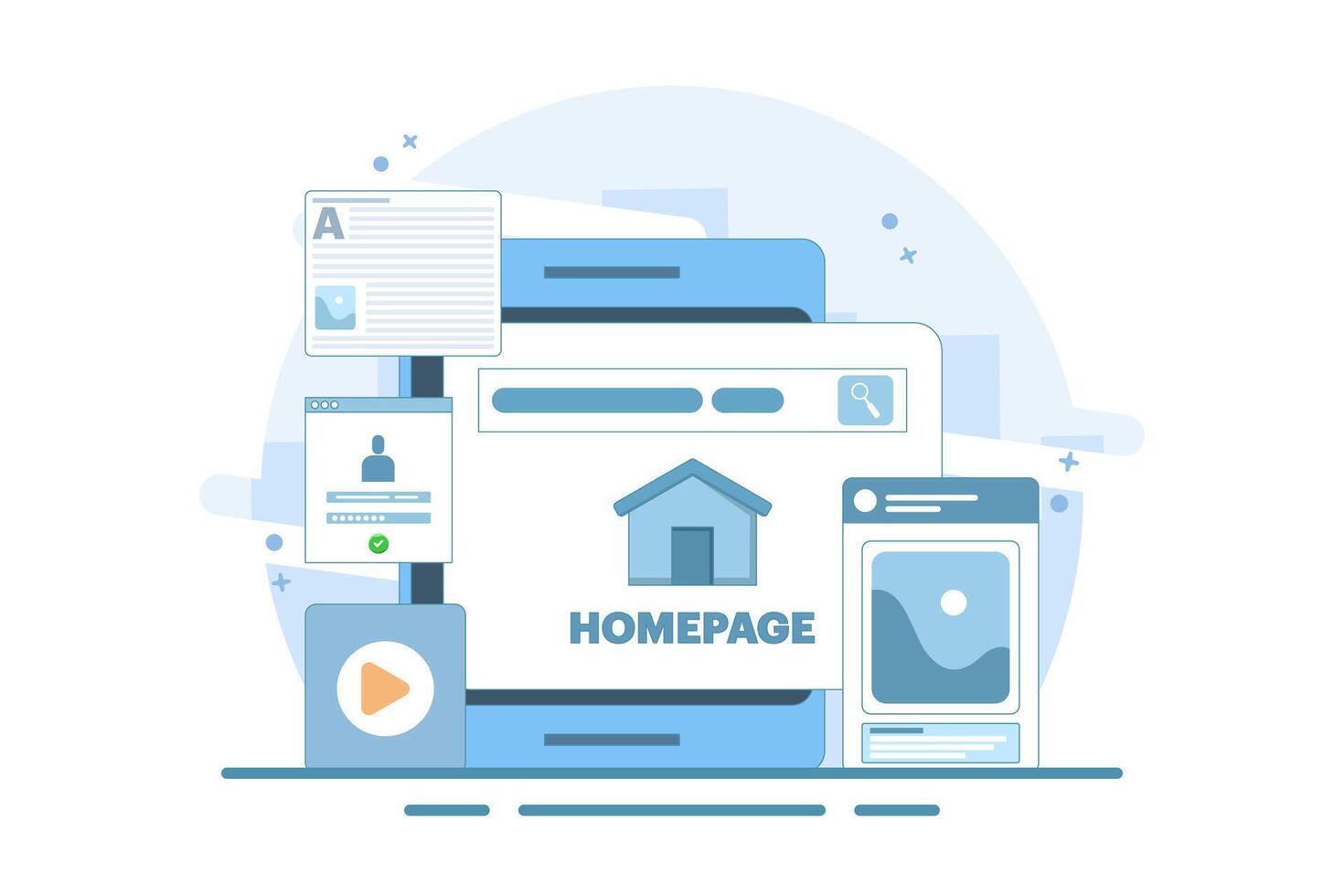 Homepage concept, web page design on laptop. working on website homepage development, optimization and setup. Modern flat cartoon style. flat design illustration. vector