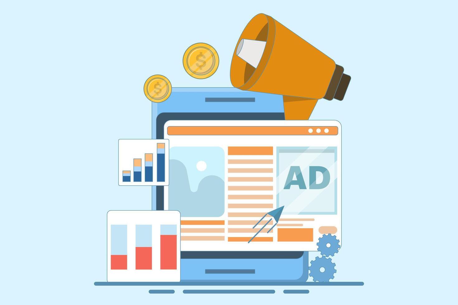 Website advertising campaign concept, website promotion with digital advertising networks, brand marketing, online brand awareness campaign, digital marketing, flat illustration on background. vector
