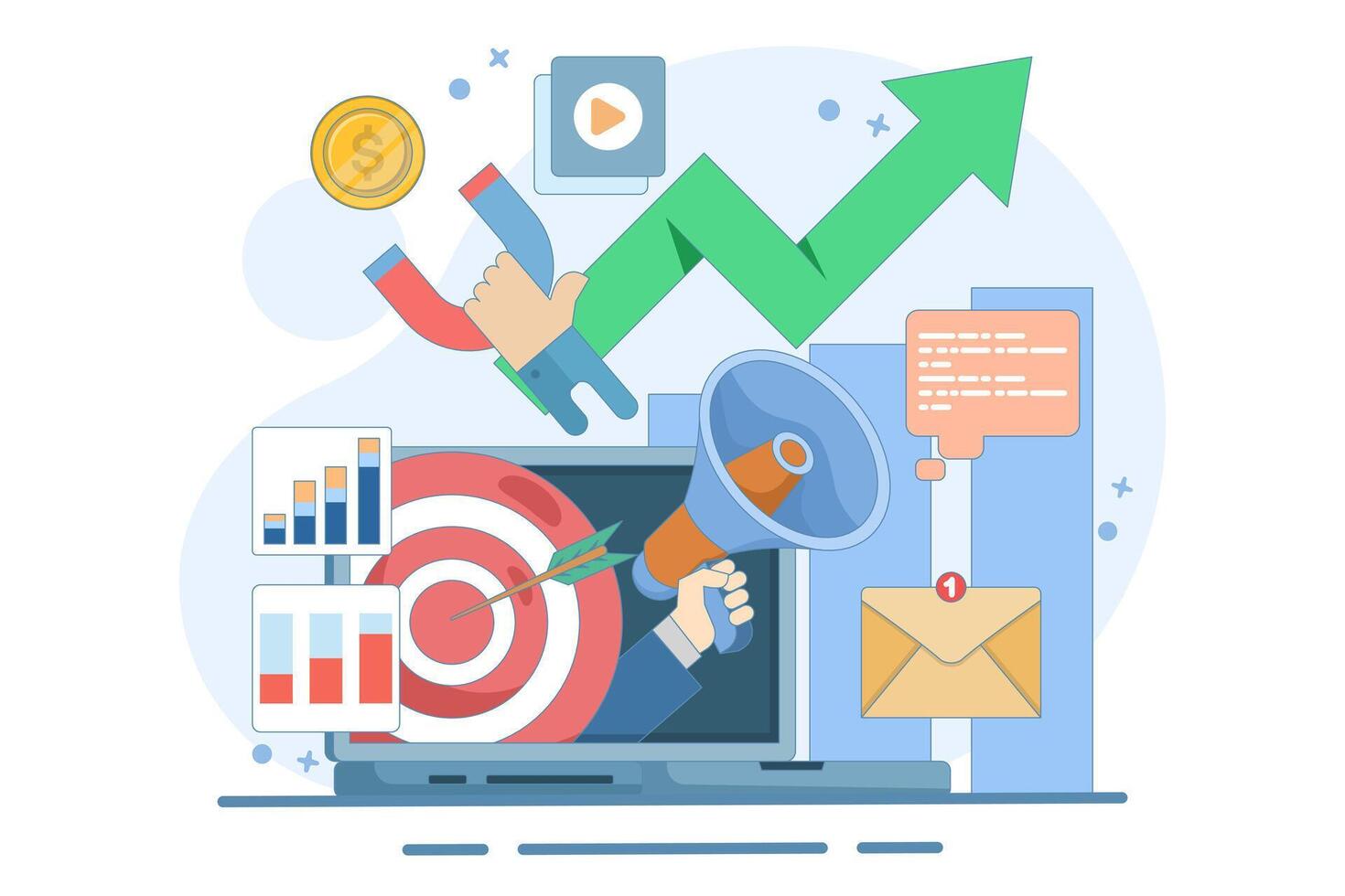Online digital marketing concept, Online advertising and promotion campaigns in mobile applications, advertising content on social networks. Website illustration with flat design in the background. vector