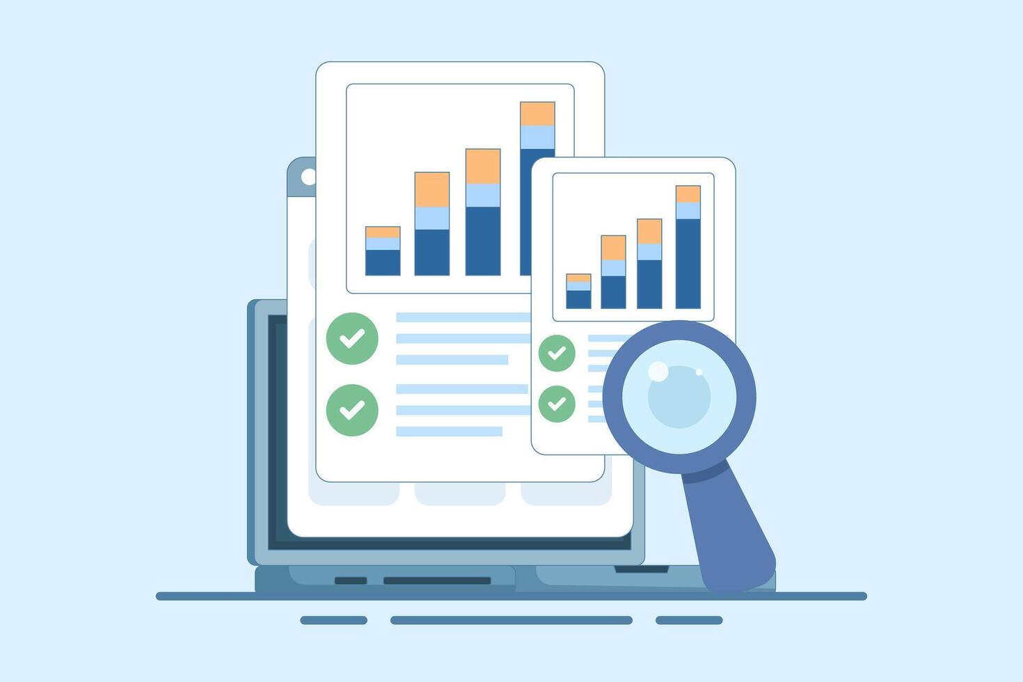 Online financial audit research concept on web analytics device screen, flat digital report analytics, accounting concept or financial sales market statistics inspection or quality evaluation. vector