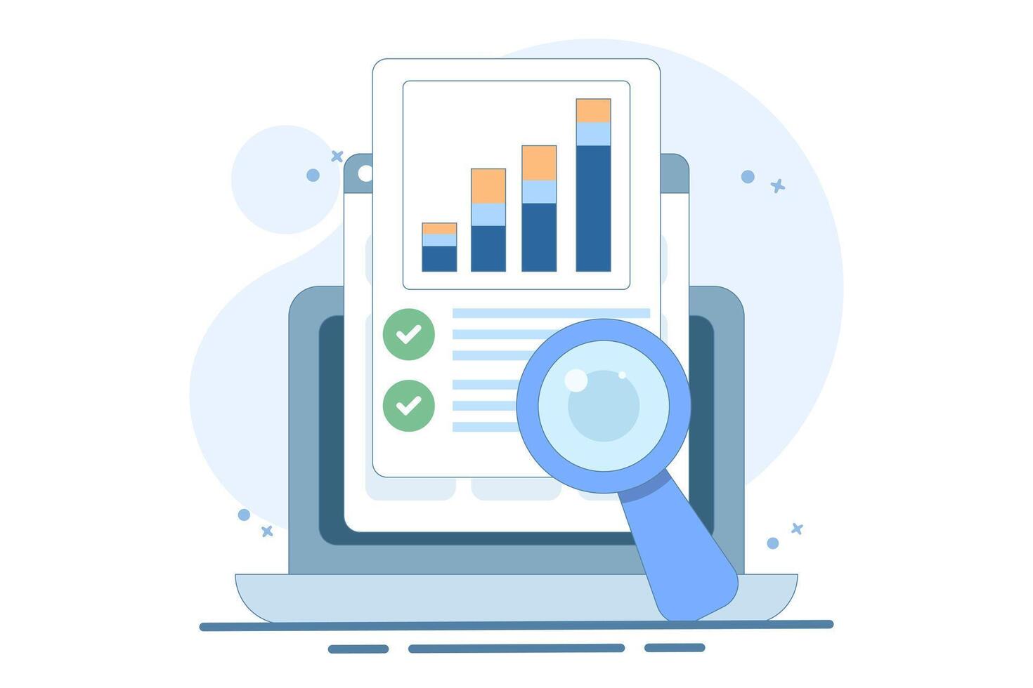 Concept of online financial audit research on web analytics device screen, flat digital report analytics, accounting statistics inspection or sales market or quality evaluation. design illustration. vector
