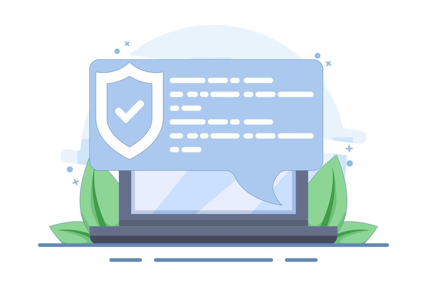 internet security concept, laptop security message speech bubble, shield check mark icon, privacy, online protection, flat cartoon, antivirus sign. vector