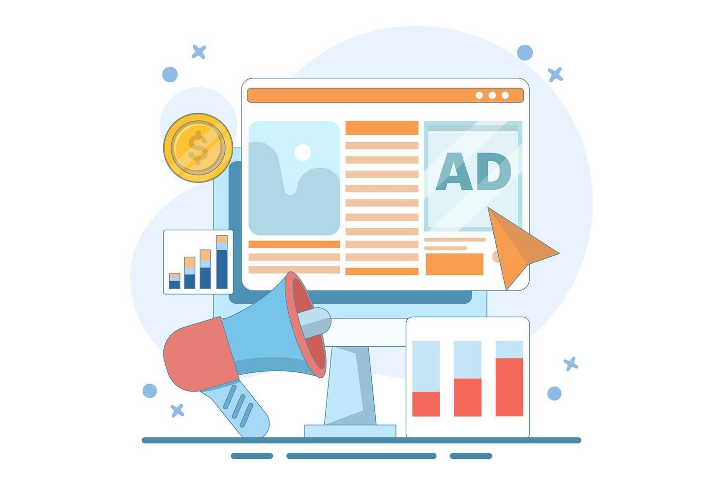 Website advertising campaign concept, website promotion with digital advertising networks, brand marketing, online brand awareness campaign, digital marketing, flat design illustration on background. vector