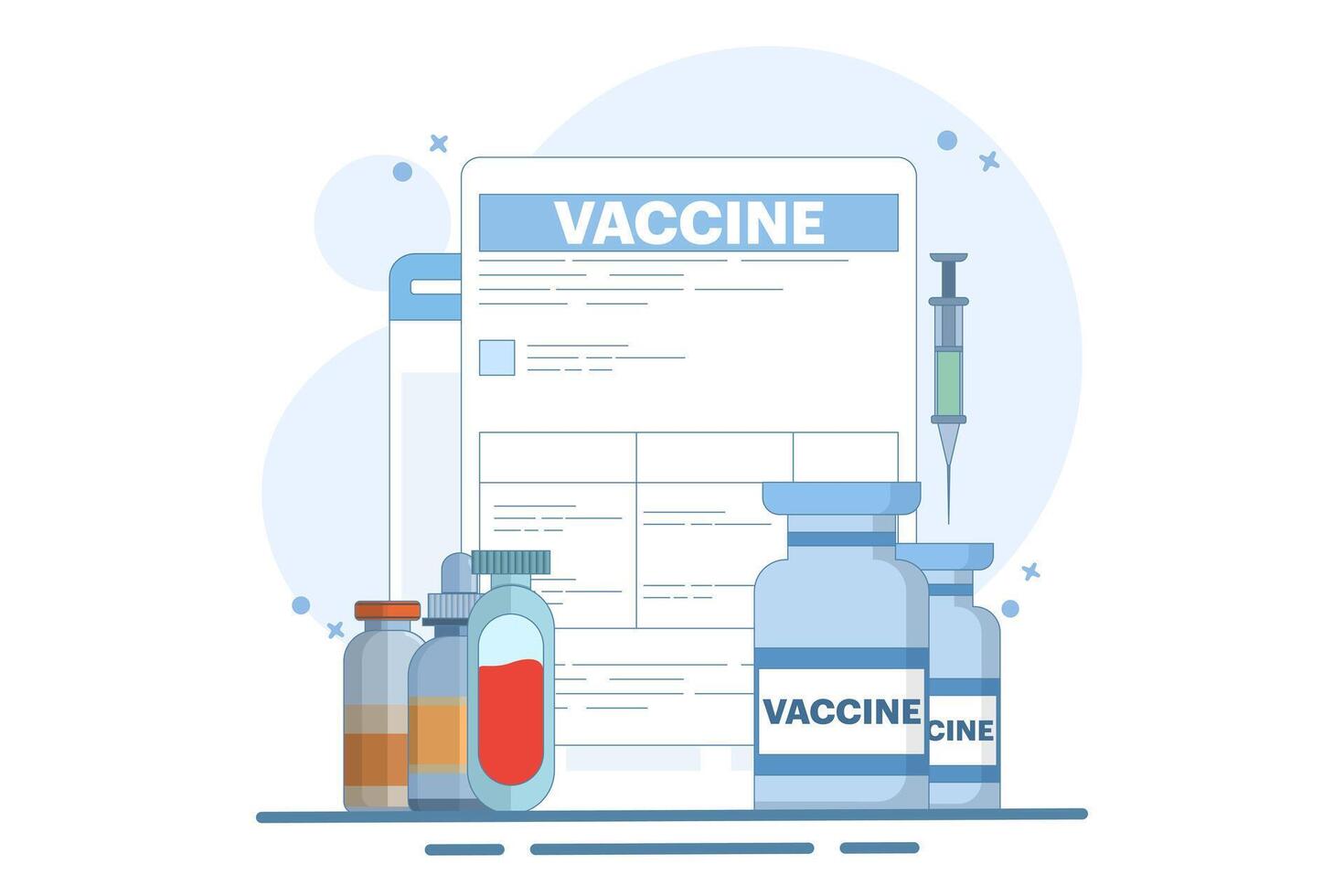 Concept of global vaccination preparation against the virus. Vaccine ready for clinical trials. Concept of immunization campaign. Flat illustration. vector