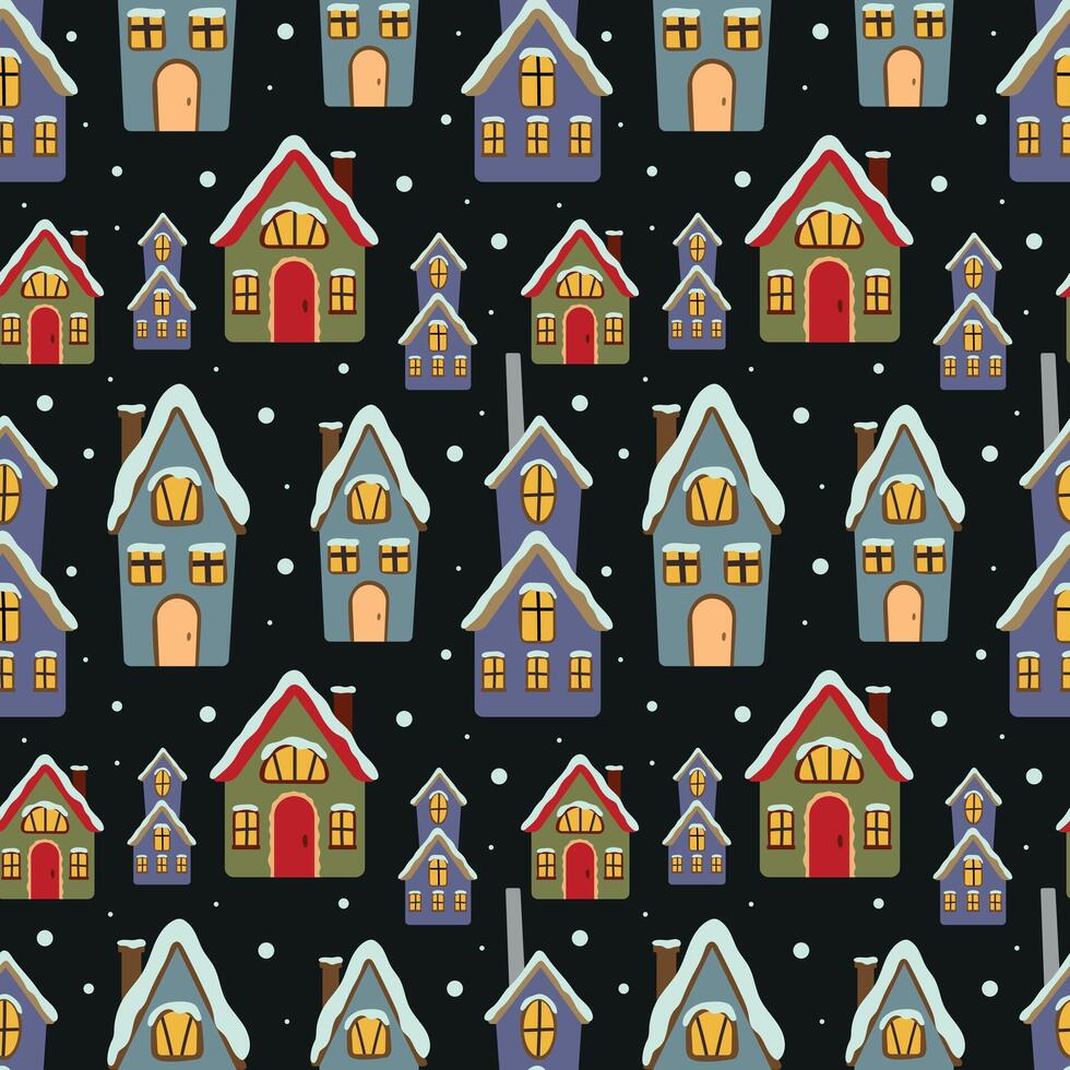 Winter house seamless pattern. Cute snowy houses on a dark background. illustration for fabric, background, packaging, wrapping paper vector
