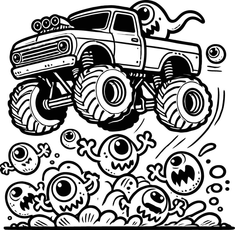 Monster truck coloring pages for kids, monster line art pages vector