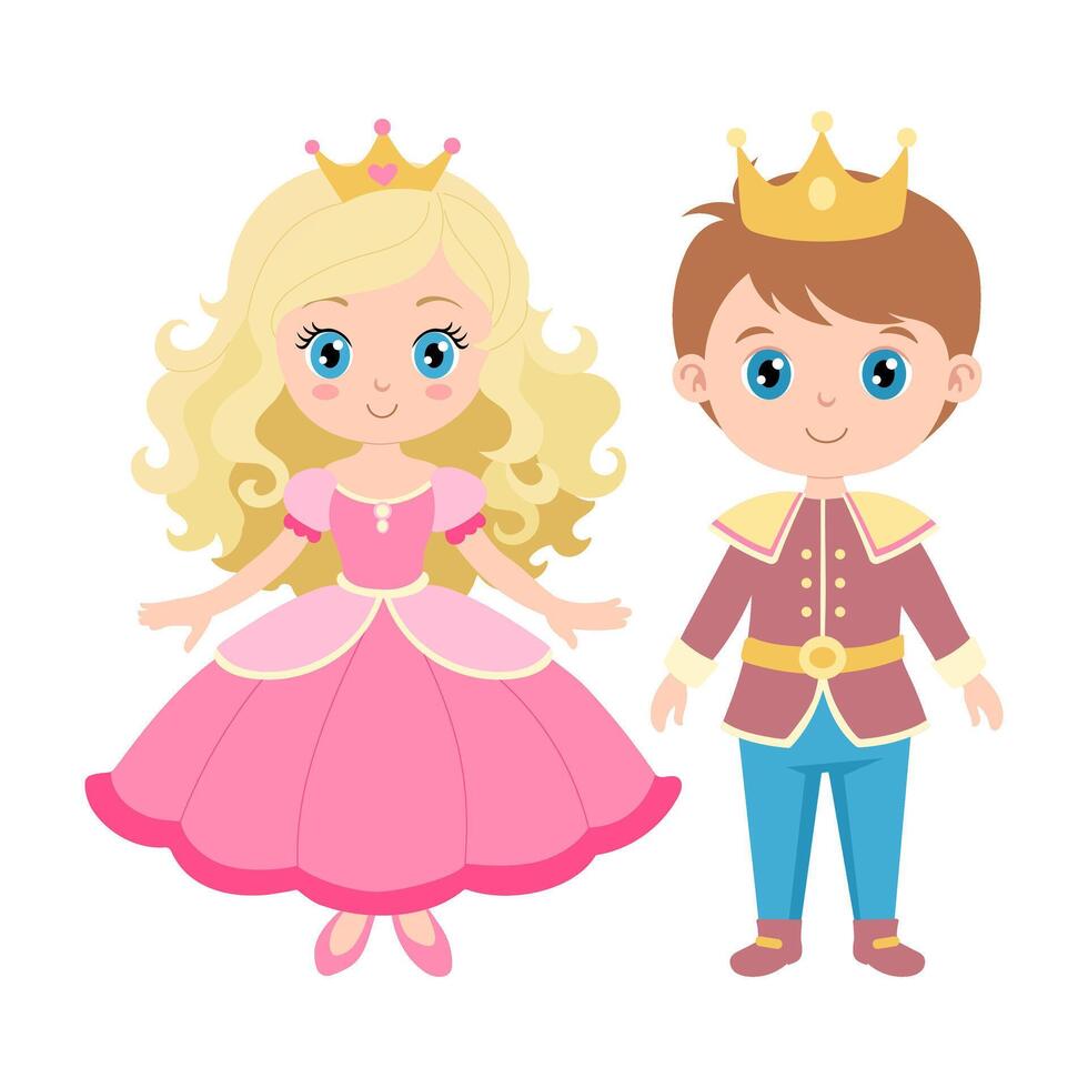 A girl and a boy dressed in princess and prince costumes. The girl is wearing a pink dress and the boy is wearing a blue suit vector