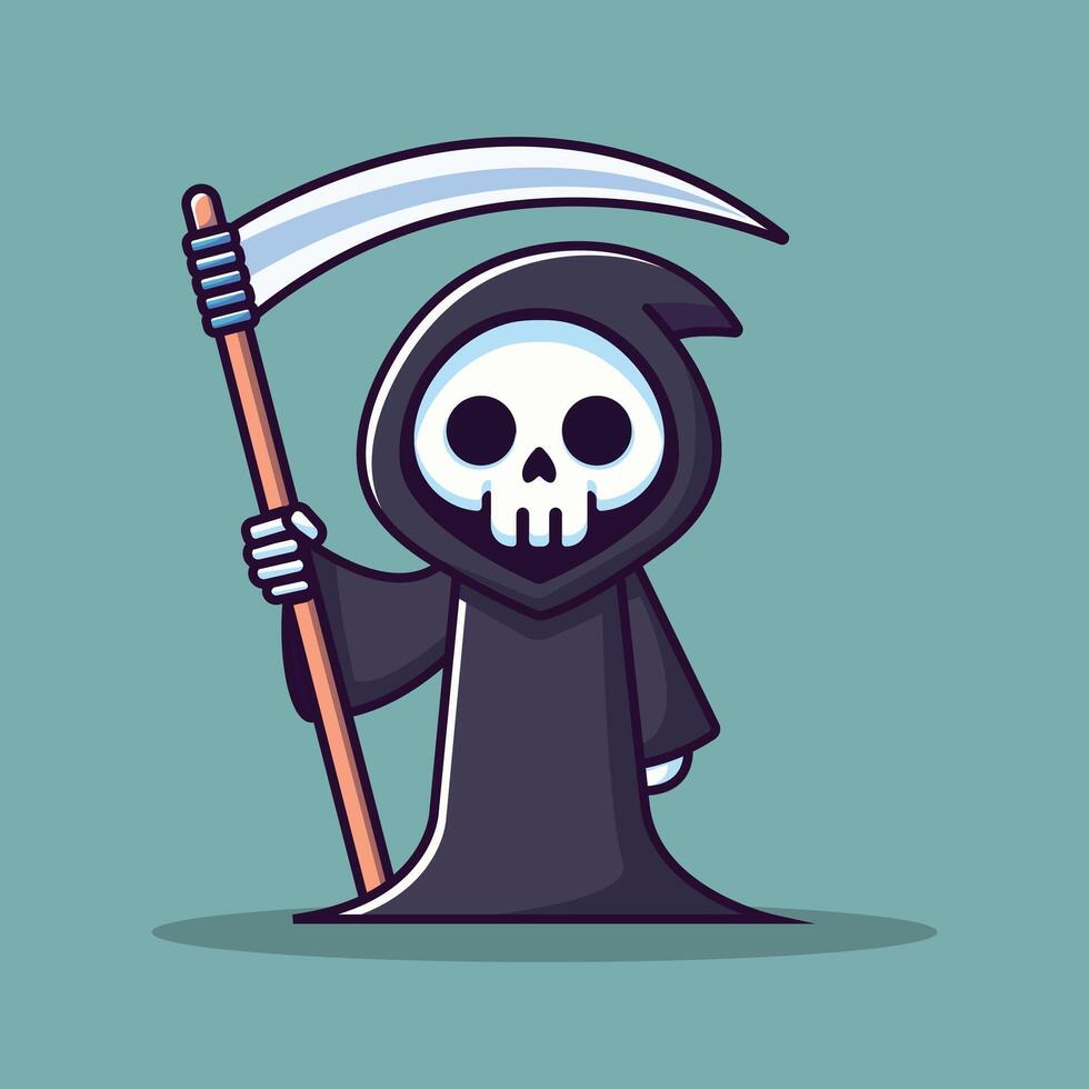 Cute Grim Reaper Holding Scythe Cartoon Icon Illustration. Halloween Holiday Icon Concept Isolated Premium . Flat Cartoon Style vector
