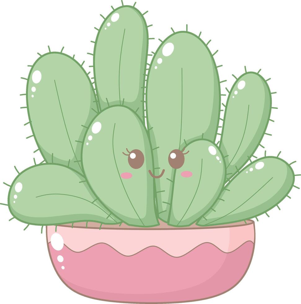 Cute Green Cactus Foliage in Round Pink Pot. Simple House Plant Cacti Illustration. vector