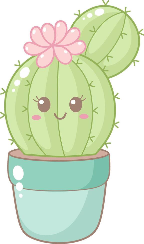 Cute Round Cactus With Pink Flower in Blue Pot. Simple House Plant Cacti Illustration. vector
