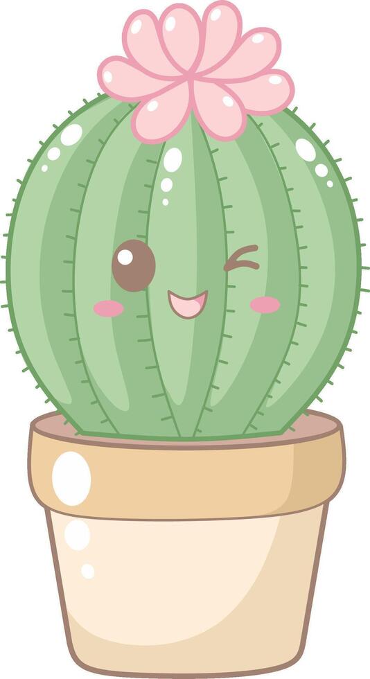 Cute Green Round Cactus With Pink Flower in Brown Pot. Simple House Plant Cacti Illustration. vector