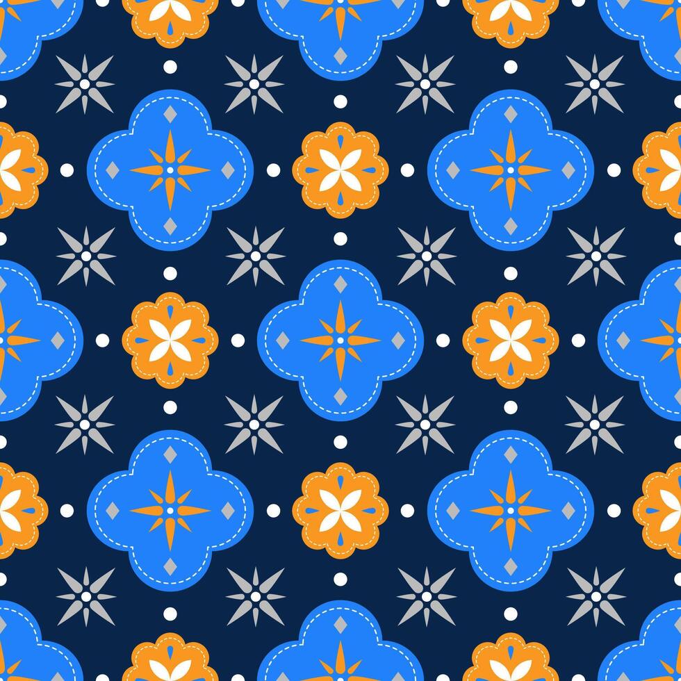 Tile curve shape with sun inside and diamond at the corner all-over seamless pattern on navy blue background. vector
