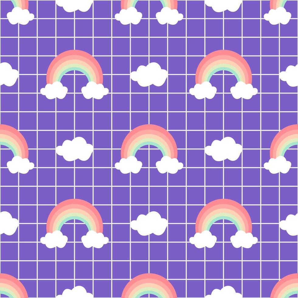 Cute rainbow and cloud on white grid purple background seamless pattern. vector