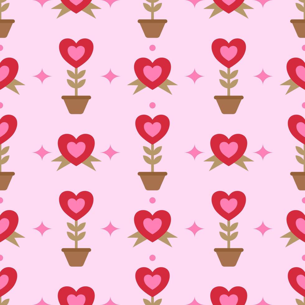 Valentine ribbon heart and heart plant with pink dot and sparkle seamless pattern. vector