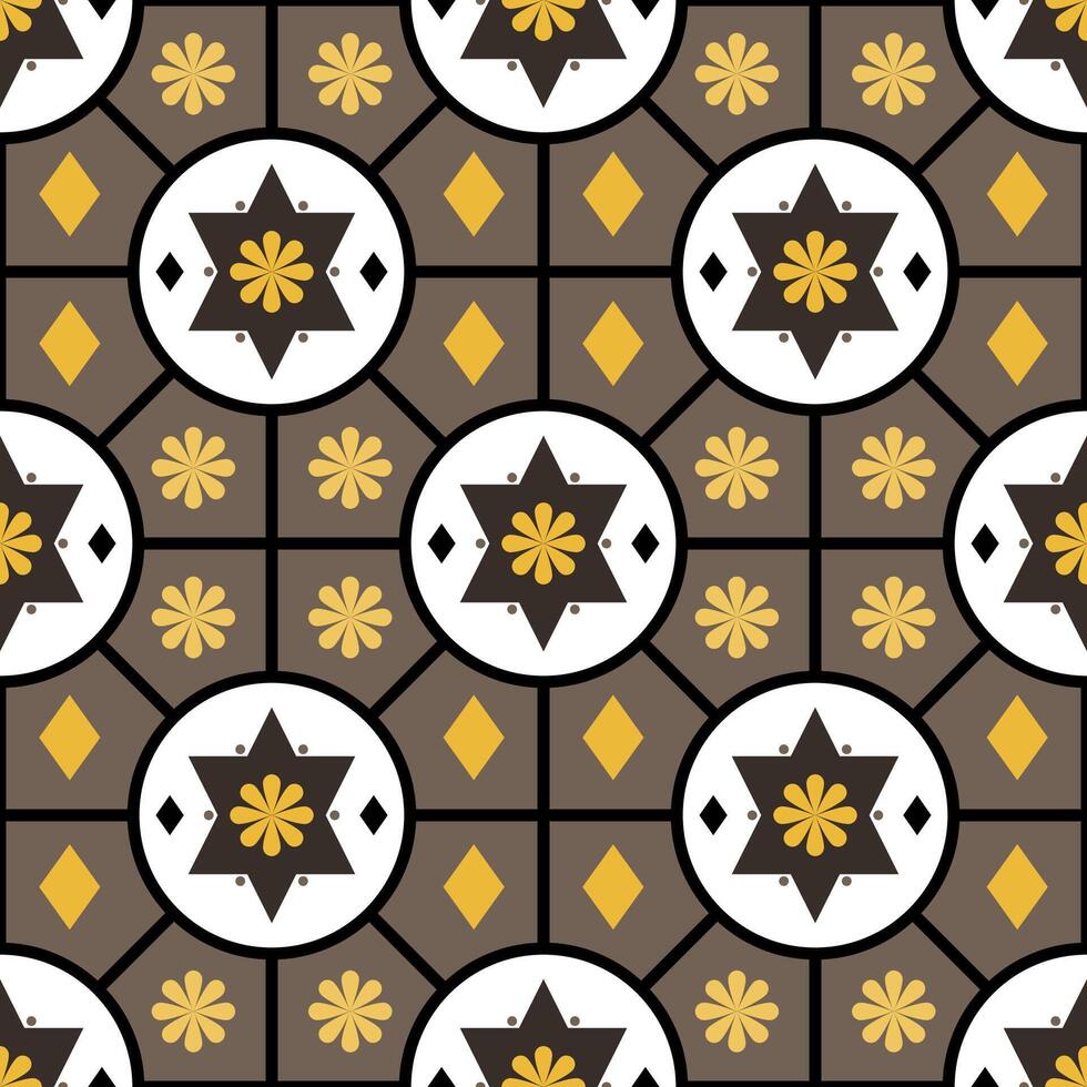 Big star and flower in white circle and diamond all-over tile seamless pattern. vector