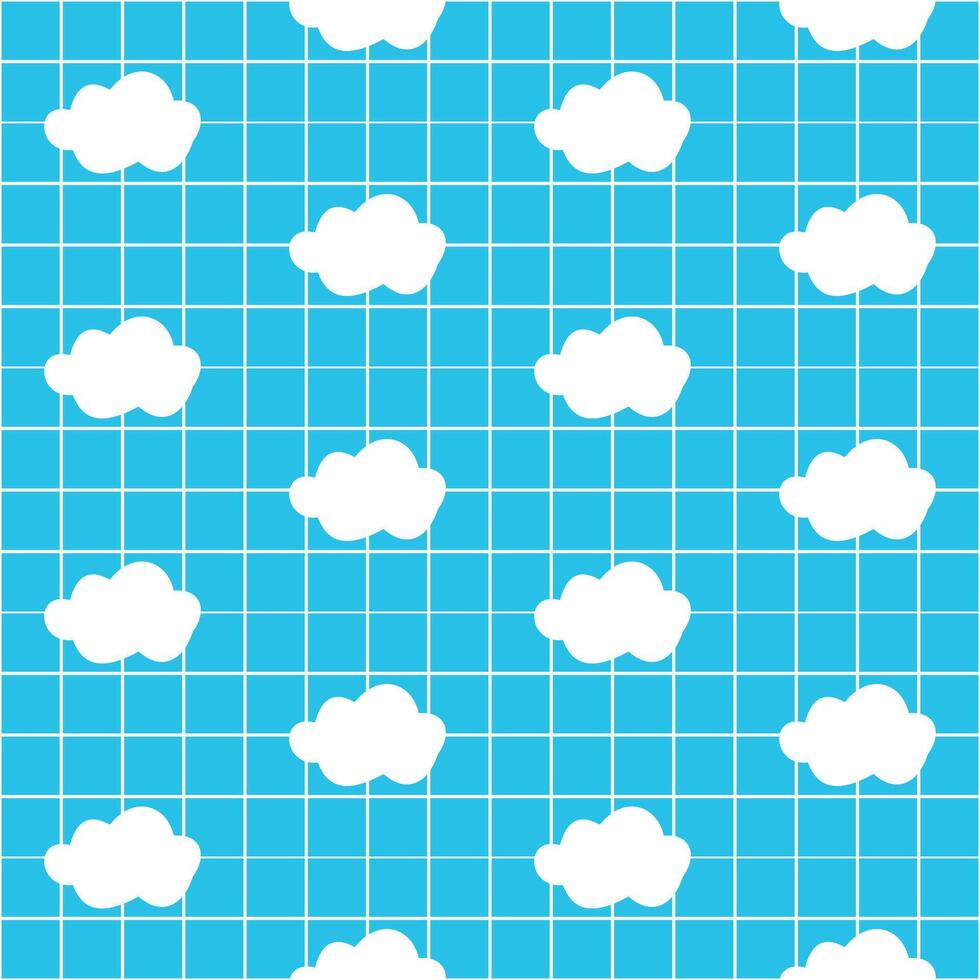 Cloudy on white grid blue background seamless pattern. vector