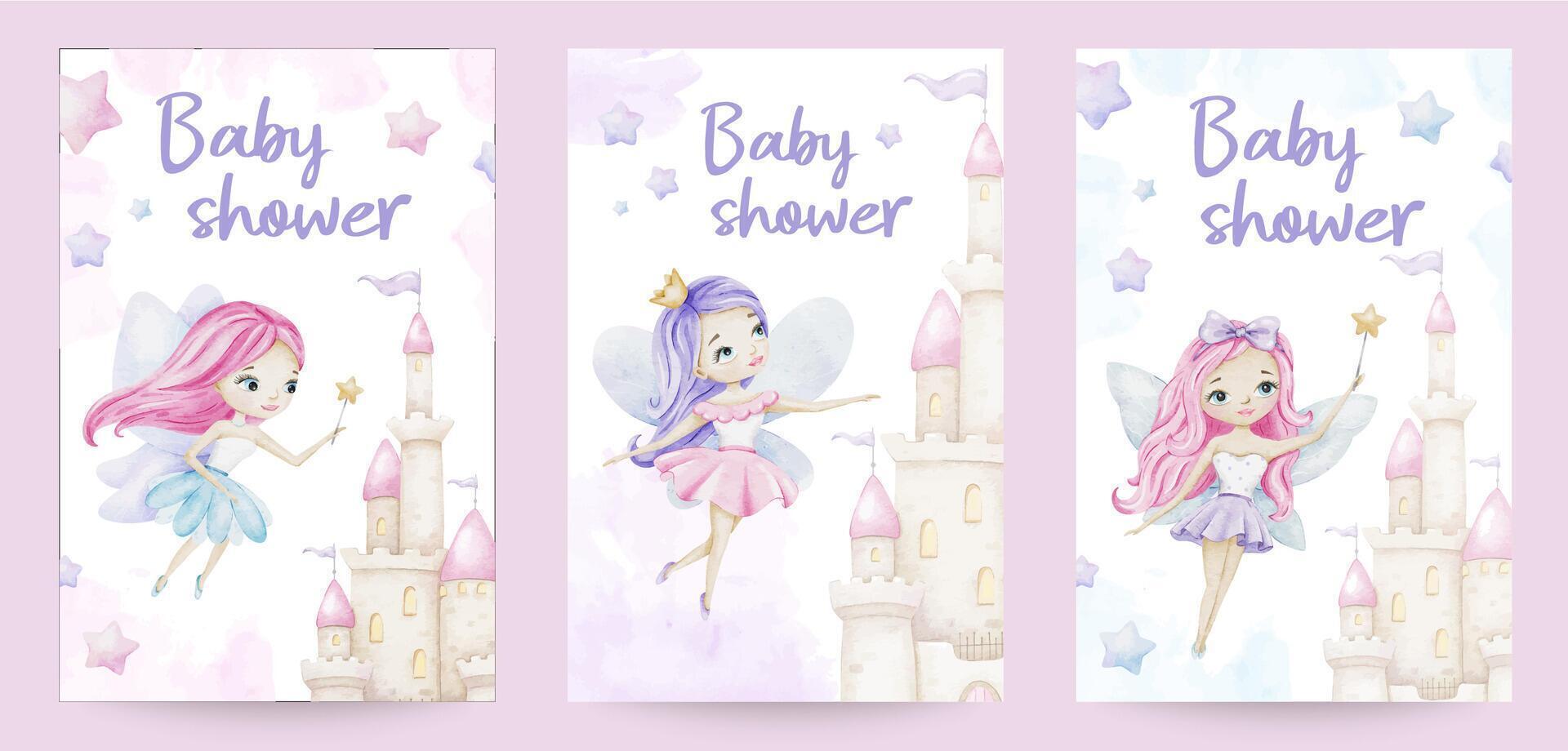 Set of baby shower watercolor card with little fairies, fairy tale castle and stars. Collection of Layouts of a girl's birthday postcard. Templates of newborn's party invitation. vector
