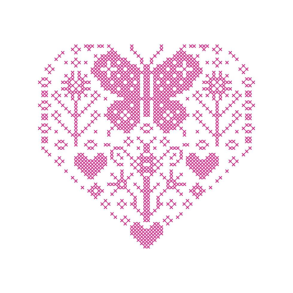 Heart with flowers and butterflies in cross stitch style on white background. vector