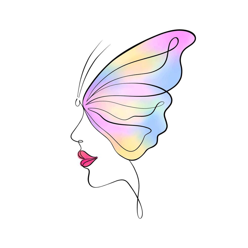 Woman's profile with butterfly wing in a modern minimalist style. vector