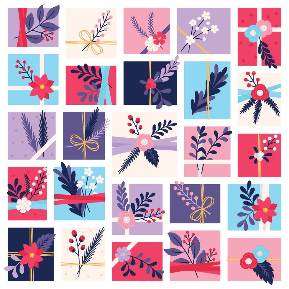 Pastel Gift Boxes with Delicate Botanical Decorations in Grid Design vector
