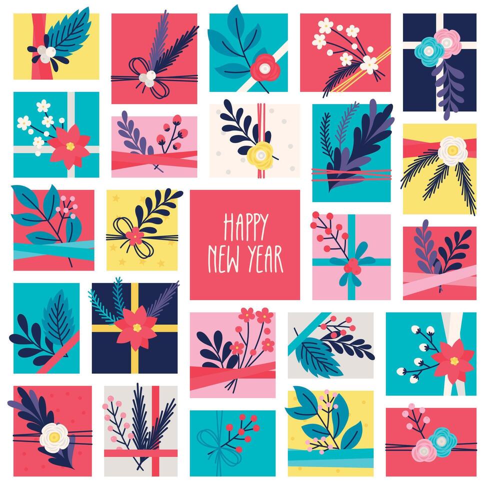 Vibrant New Year Gift Boxes with Botanical Decorations vector