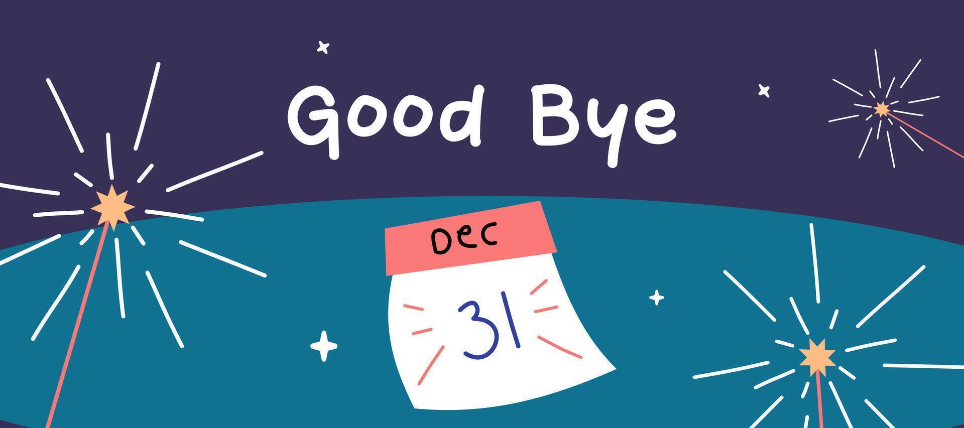 Merry christmas and happy new year greeting template with dark color, fireworks, and calendar illustration vector