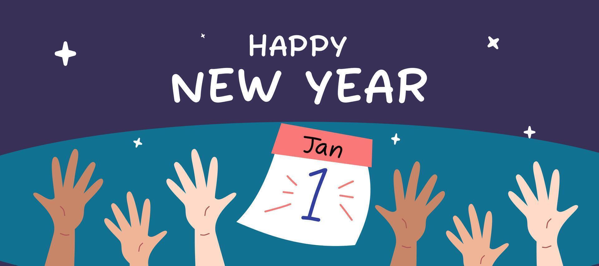Merry Christmas and Happy New Year greeting banner on dark background with hands, calendar and stars illustration vector