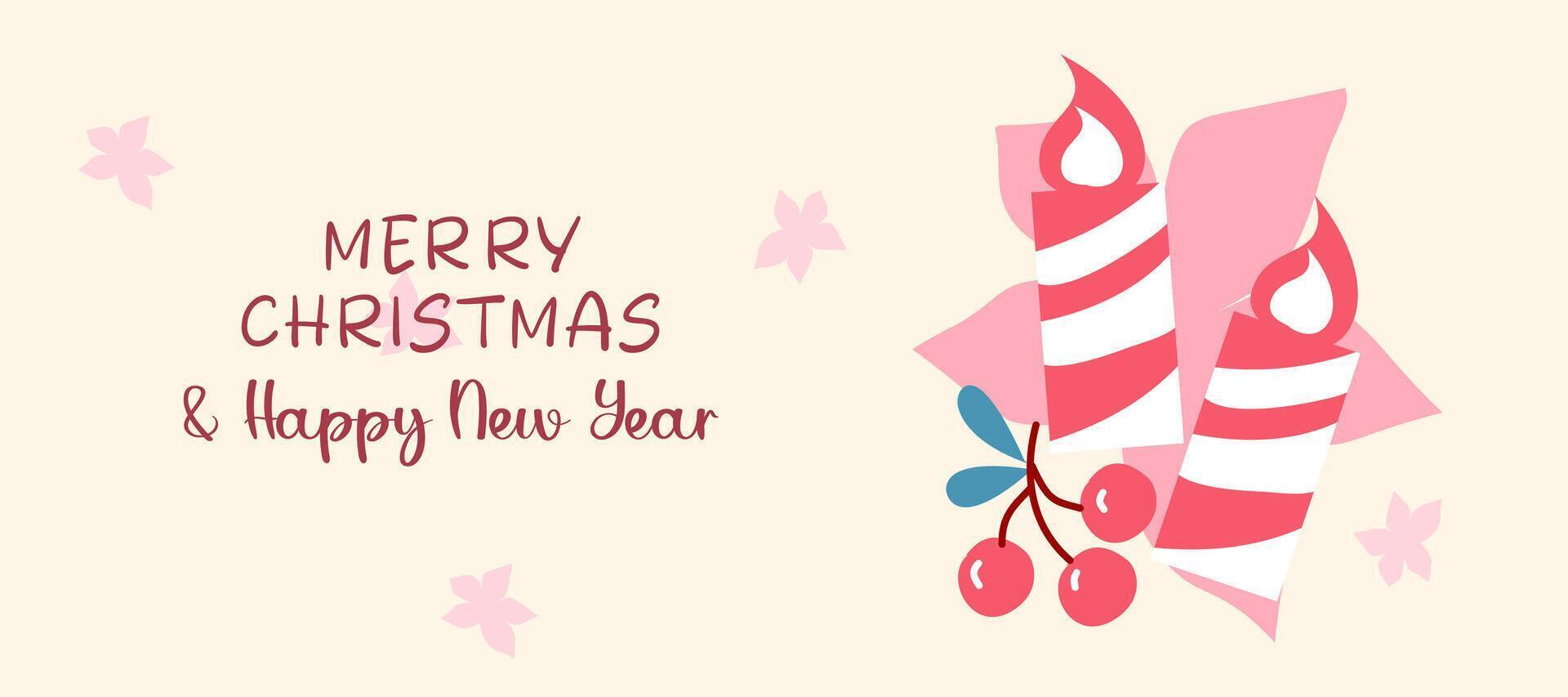 Merry Christmas and Happy New Year greeting banner on cream background with berries and candles illustration vector