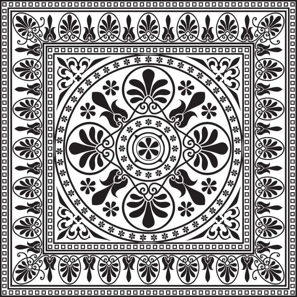 black monochrome classic Greek square ornament. Rectangle of Ancient Greece and Roman Empire. Byzantine painting of walls, floors and ceilings. Decoration of European palaces. vector