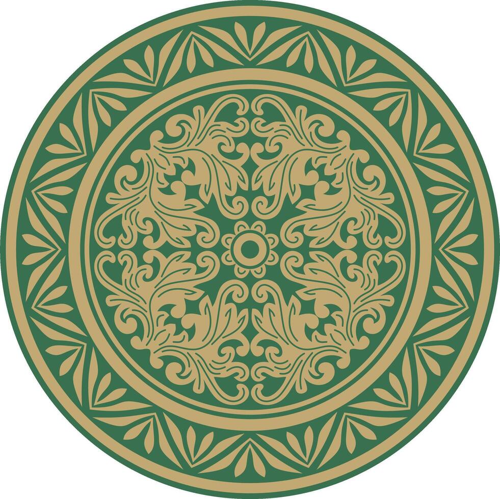 gold with green round classic byzantine ornament. Circle, ring, border, Ancient Greece, Eastern Roman Empire frame. Decoration of the Russian Orthodox Church vector