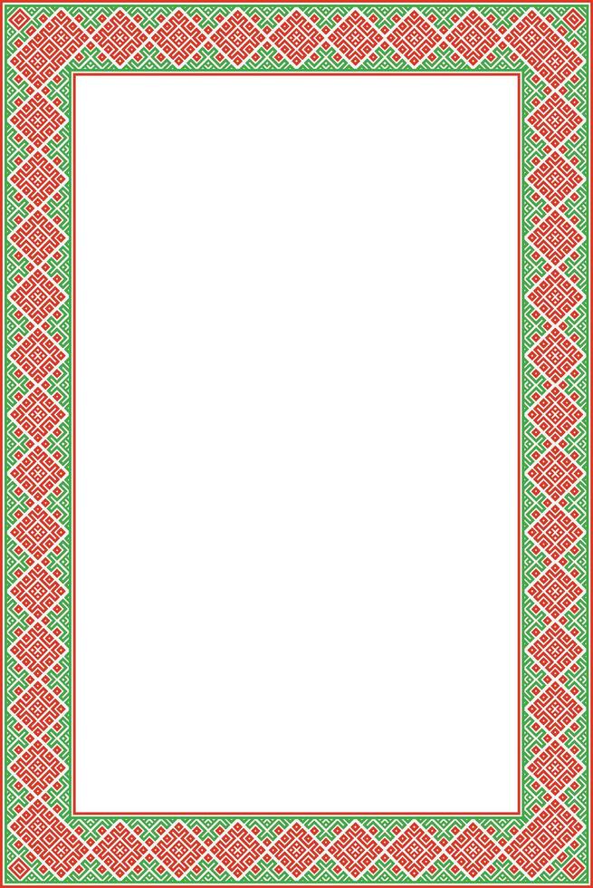 red green square belarusian national ornament frame. Ethnic pattern rectangle of Slavic peoples, Russian, Ukrainian, Serb, Pole, Bulgarian. Cross stitch template vector