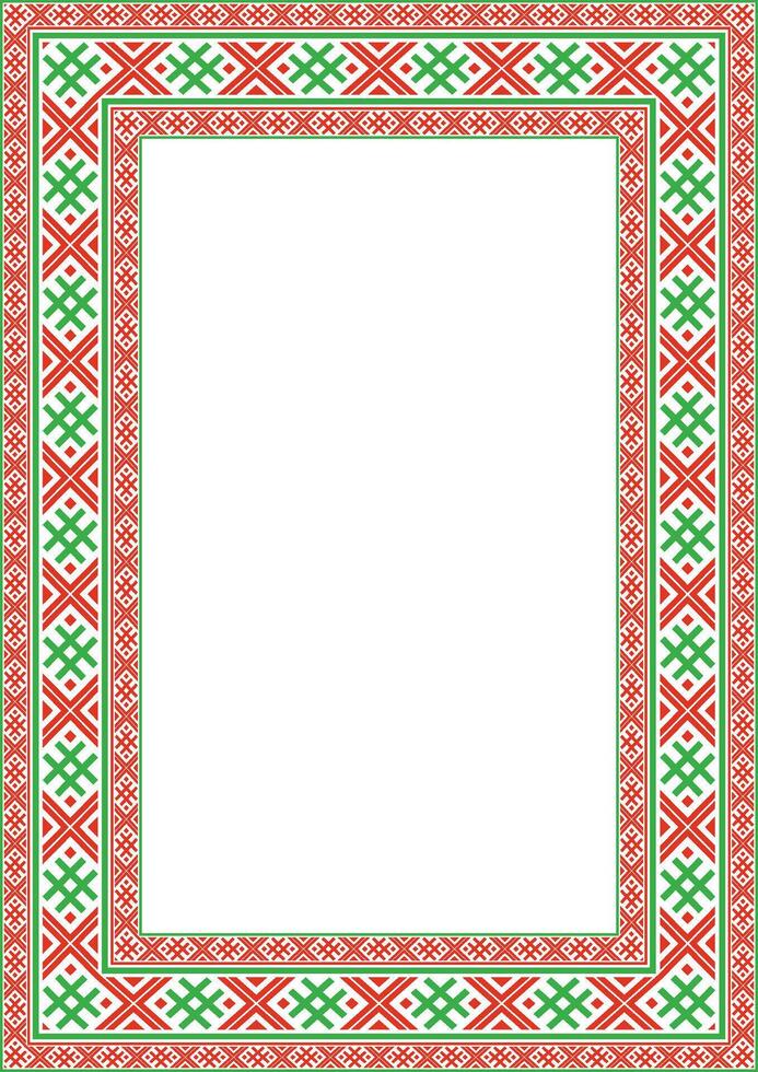red green square belarusian national ornament frame. Ethnic pattern rectangle of Slavic peoples, Russian, Ukrainian, Serb, Pole, Bulgarian. Cross stitch template vector