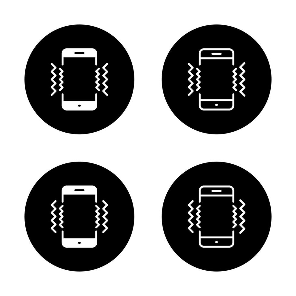 Mobile phone vibrating icon set on black circle. Cellphone vibration sign symbol vector