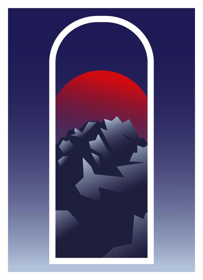 Mountains sunset landscape view. Poster 2d cartoon gradient background with frozen alps vector
