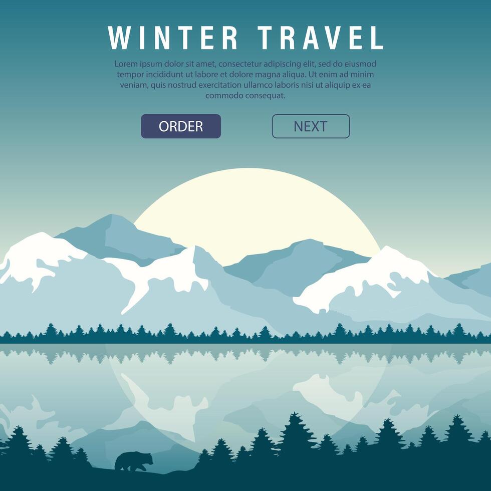 Winter holidays landing page template. Time to travel template with mountains vector