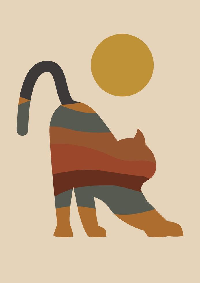 Black cat and sun aesthetic boho style art. Domestic kitty 2d illustration vector