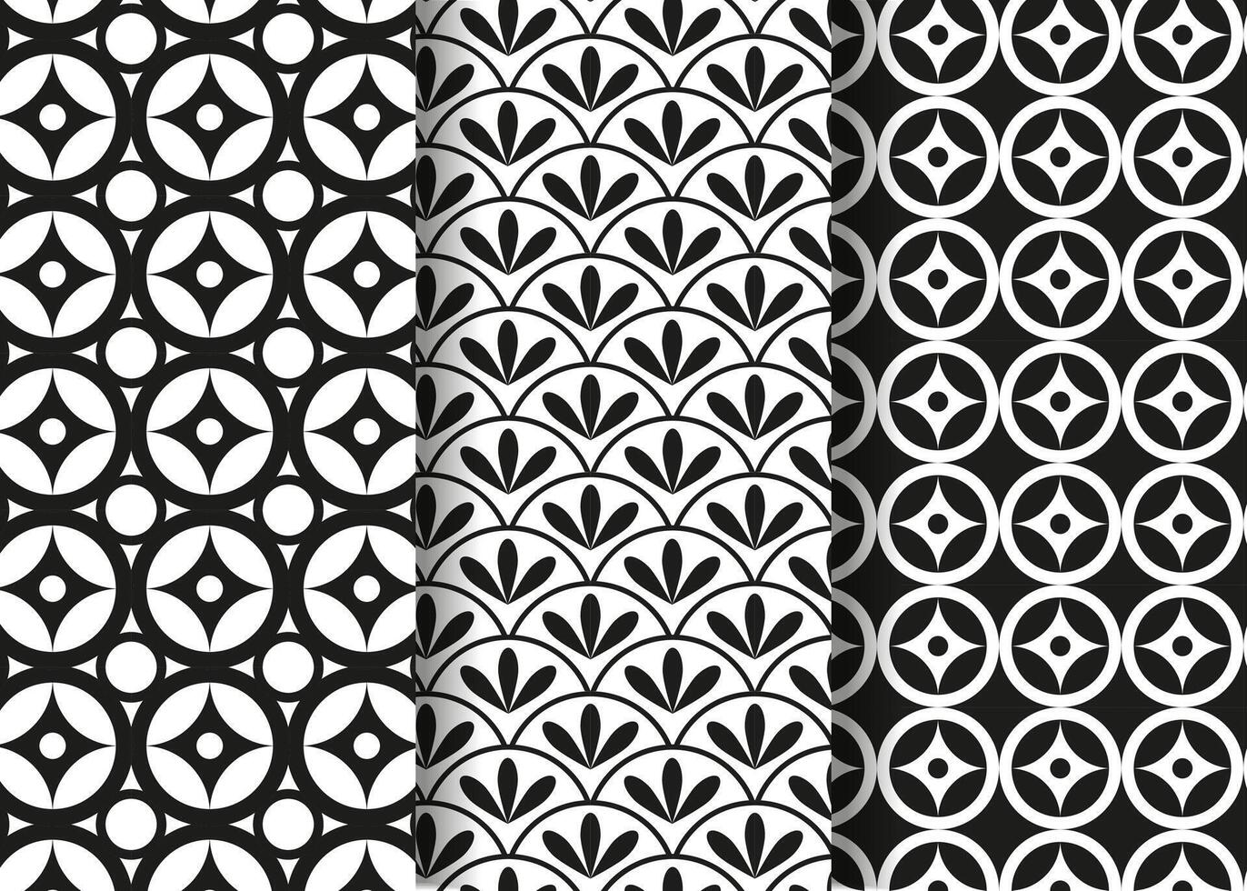 Line art Asian pattern set. Black and white geometric Chinese outline pattern vector