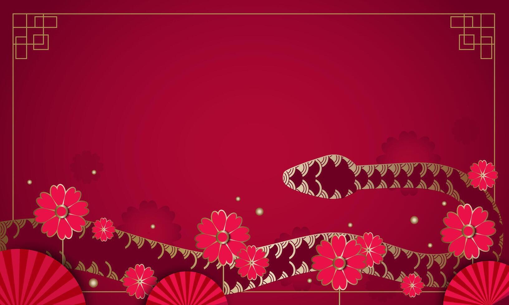Asian red background with flowers snake symbol of the year. Chinese New Year card vector