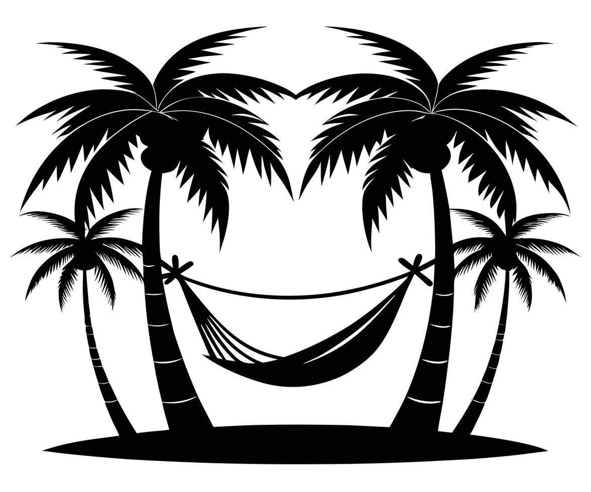 A black and white silhouette of palm trees and a hammock vector