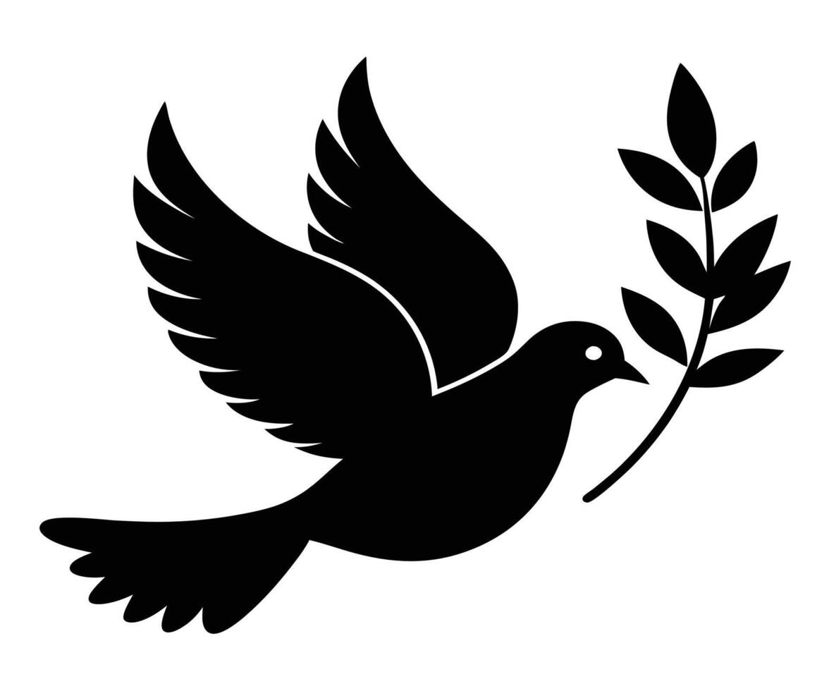 A black and white silhouette of a dove with an olive branch vector