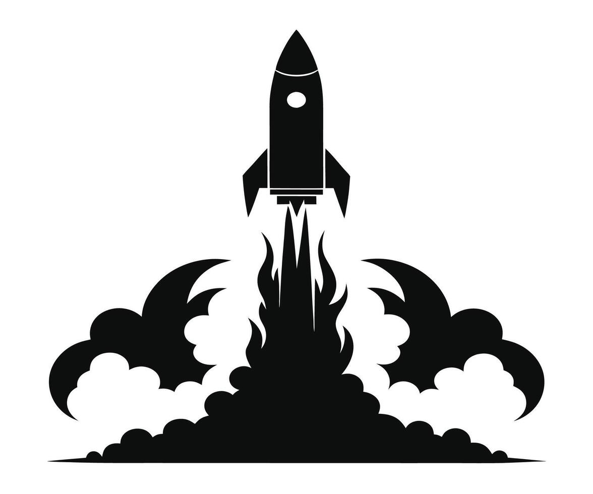 A black and white illustration of a rocket launching vector